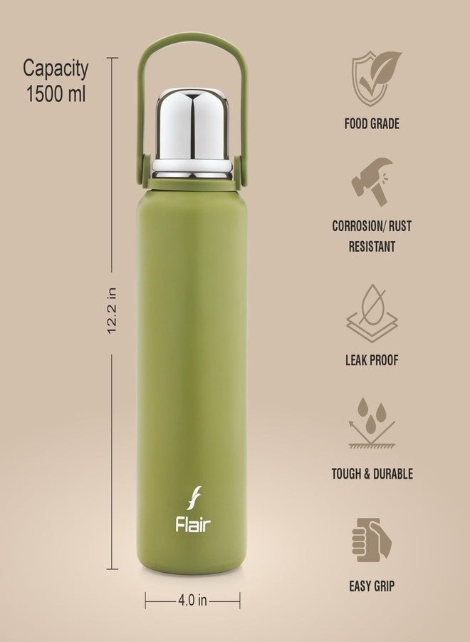 Flair Drip Thermosteel Vacuum Insulated Steel Bottle (1500 ml, Green) | Upto 24 Hours Hot and Cold | Leakproof, BPA-Free, Tough & Durable, Tea Flask, Coffee, Travel Bottle, Gym - Image 4